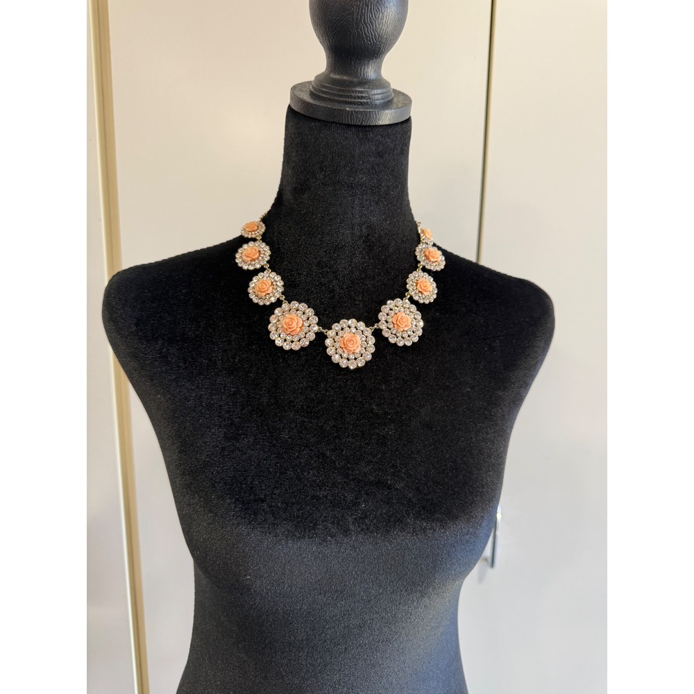 Peach Rose Flower Rhinestone Statement Necklace Gold Tone Floral Collar